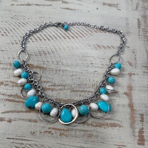Faux Silver, Pearl, Turquoise Beaded Necklace